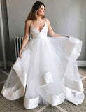 Simple Spaghetti Straps V Neck Wedding Dress Tulle Ruffles Backless Bridal Gowns