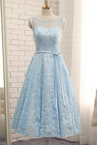 Buy Simple Tea Length Light Blue Lace Homecoming Dress with Belt Short ...