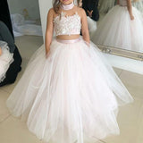 Simple Two Piece Ball Gown Halter Blush Pink Flower Girl Dresses with Appliques JS881