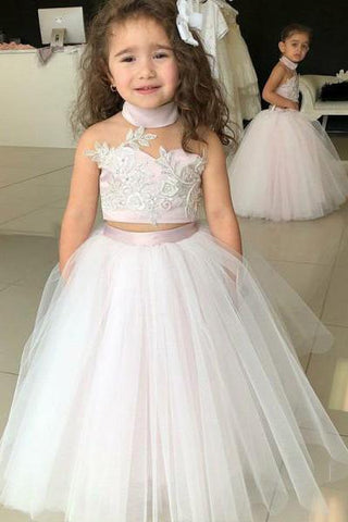 Simple Two Piece Ball Gown Halter Blush Pink Flower Girl Dresses with Appliques JS881