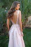 Simple V Neck Long A-line Pink Sequins Open Back Simple Flowy Prom Dresses JS405