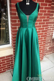 Simple V Neck Dark Green A Line Sleeveless Satin Prom Dresses