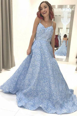 Sky Blue Floral Spaghetti Straps Prom Dresses Lace Appliques Backless Evening Dress JS608