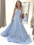 Sky Blue Floral Spaghetti Straps Prom Dresses Lace Appliques Backless Evening Dress JS608