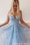 Sky Blue Prom Dresses Spaghetti Straps V Neck Long Party Dresses