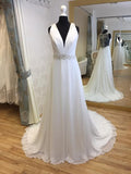 Chiffon V-Neck New Arrival Sexy A-Line White Custom Wedding Dresses JS58