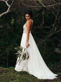 Spaghetti Strap Beaded Wedding Dress Ivory Chiffon V Neck Rustic Wedding Dresses JS478