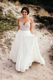 Spaghetti Strap Beaded Wedding Dress Ivory Chiffon V Neck Rustic Wedding Dresses JS478