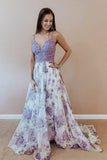 Spaghetti Straps A-line Prom Dresses Lace Floral V Neck Purple Formal Dresses JS529