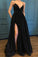 A Line Spaghetti Straps Black Sparkle Long Prom Dresses with Pockets V Neck Sequins Slit JS475
