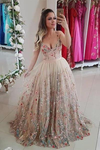 Spaghetti Straps Floral Embroidery Sweetheart Prom Dresses Long Formal Dress uk PW442