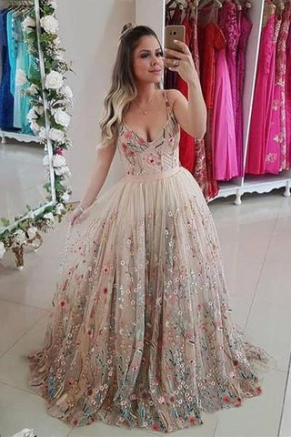 Spaghetti Straps Floral Embroidery Sweetheart Prom Dresses Long Formal Dress JS442