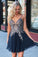 Spaghetti Straps Navy Blue Chiffon Short Party Dress with Appliques Homecoming Dress H1143
