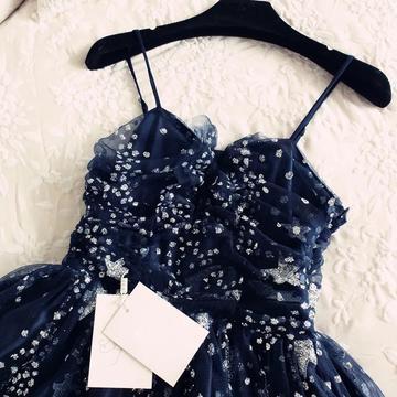 Spaghetti Straps Navy Blue Tulle Sweetheart Homecoming Dresses Short Prom Dresses JS755