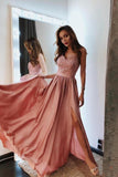Spaghetti Straps Pink V Neck Prom Dresses Lace and Beaded Prom Dress with Slit JS741