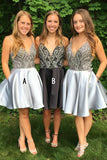 Straps Short Silver Beads Backless V-Neck A-Line Tulle Homecoming Dresses JS167