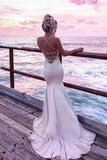 Spaghetti Straps V Neck Satin Prom Dresses Lace Criss Cross Mermaid Evening Dresses JS524