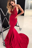 Spaghetti Straps V Neck Satin Prom Dresses Lace Criss Cross Mermaid Evening Dresses JS524