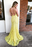 Spaghetti Straps Yellow V Neck Backless Prom Dresses with Split Side