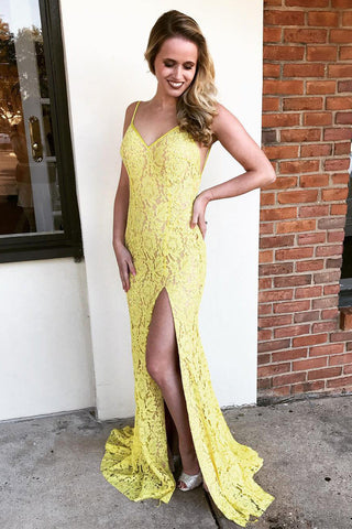 Spaghetti Straps Yellow V Neck Backless Prom Dresses with Split Side