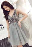 Luxurious Sequins Beaded V Neck Tulle Short V Back Gray Prom Dress Homecoming Dress JS762