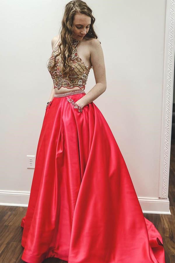 Buy Sparkly Two Piece Beaded Satin Red High Neck Long Prom Dresses with ...
