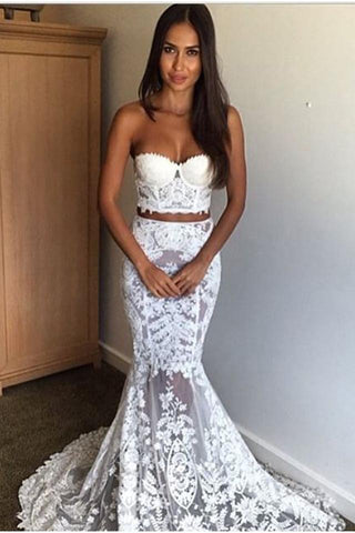 Strapless Lace Two Piece Sweetheart Mermaid Wedding Dresses Long Bridal Dresses JS688