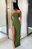 Strapless Mermaid Floor Length Sleeveless Green Side Slit Prom Dresses Simple Dress P1018