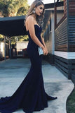 Strapless Mermaid Prom Gowns with Sweep Train Navy Blue Backless Prom Dresses JS488