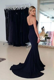 Strapless Mermaid Prom Gowns with Sweep Train Navy Blue Backless Prom Dresses JS488