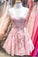 Straps A-line Short Blue V Neck Homecoming Dress Lace Appliques Backless Prom Dresses H1211