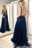 Stunning Navy Blue V Neck Backless Tulle A Line Prom Dresses with Beading