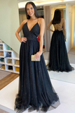 Top V-Neck Black Tulle A line Sleeveless Open Back Popular Prom Dresses