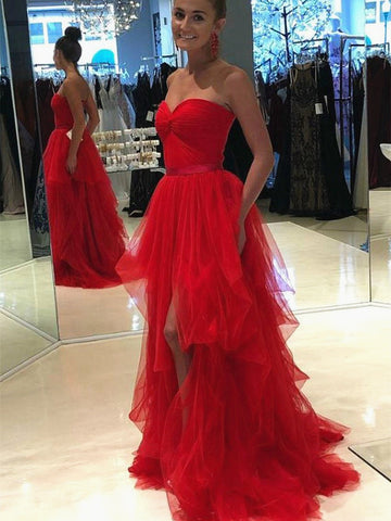 A Line Romantic Tulle Sweetheart Red Classic Modern Prom Dresses
