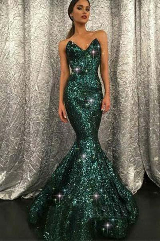Sweetheart Mermaid Green Long Prom Dresses Strapless Sleeveless Evening Dresses JS471