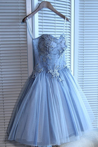 Sweetheart Strapless Homecoming Dresses Beads Blue Lace up Tulle Short Prom Dresses H1066