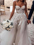 Sweetheart Strapless Lace Rustic Wedding Dresses Long Tulle Beach Wedding Gown