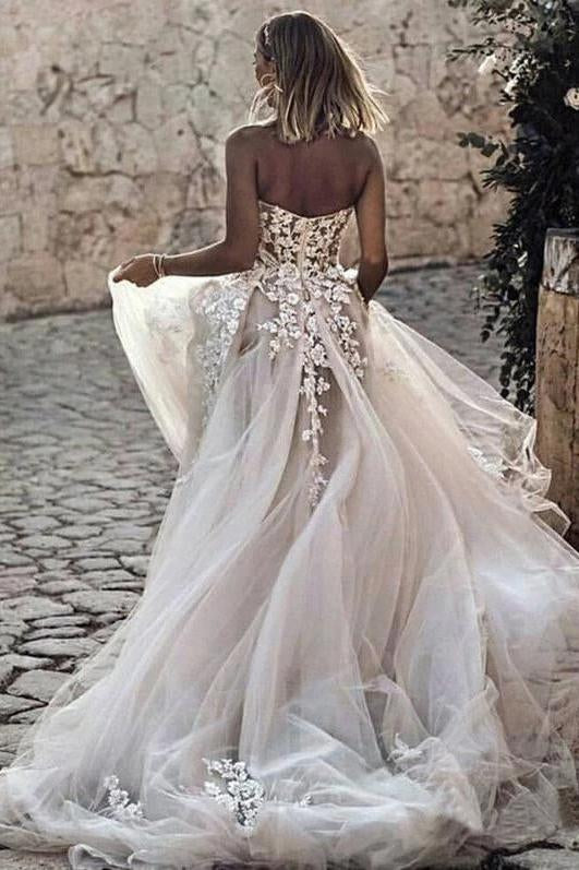 Sweetheart Strapless Lace Rustic Wedding Dresses Long Tulle Beach Wedding Gown