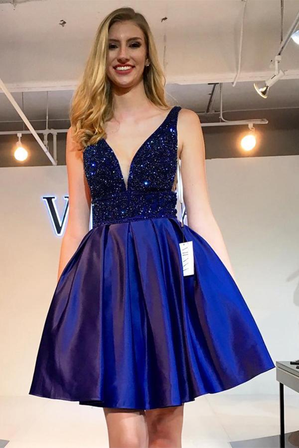 A-line V-neck Short Mini Satin Short Royal Blue Beaded Prom Dress Homecoming Dresses JS569