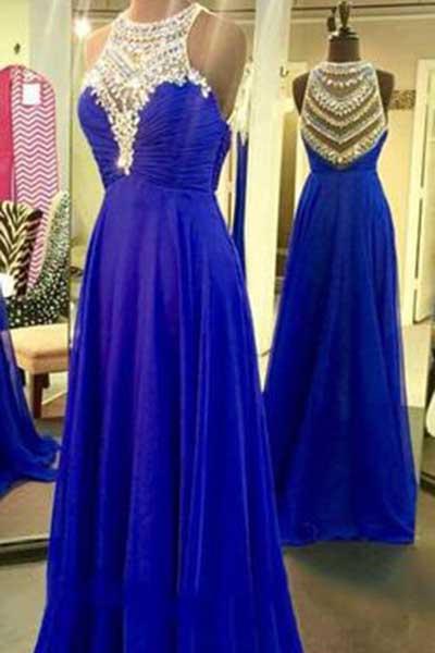 Royal Blue Sparkle Beads Halter Pretty Illusion High Neck Chiffon Prom Dresses JS405