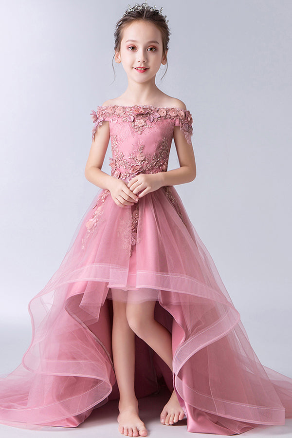 Gorgeous Off the Shoulder With Lace Appliques Sleeveless High Low Tulle Flower Girl Dresses