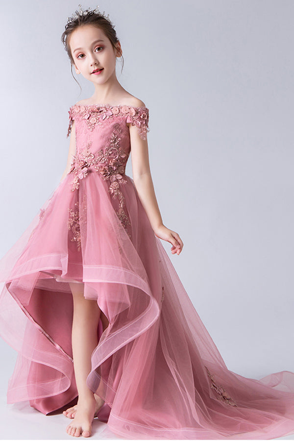 Gorgeous Off the Shoulder With Lace Appliques Sleeveless High Low Tulle Flower Girl Dresses