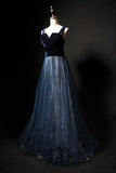 Stunning Spaghetti Straps Velvet V Neck With Sequins Long Party Dresses Prom Dresses