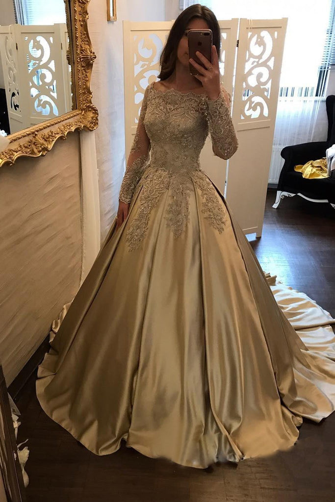 Satin Ball Gown Gold Long Sleeves Scoop Lace Appliques Beads Floor Length Prom Dresses JS771