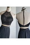 Gorgeous Halter Court Train Two Pieces Black Beads Chiffon Backless Prom Dresses JS776