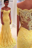 Elegant Sheath Yellow Lace Off Shoulder Long Prom Dresses JS662