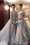 High Neck A-line Long Sleeve Tulle Appliques Sweep Train Long Prom Dresses JS416