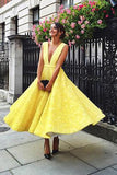 A-Line Deep V-Neck Cute Yellow Tea Length Sleeveless Open Back Lace Prom Dresses UK JS475