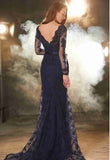V-Neck Navy Blue Lace Mermaid Long Sleeves Open Back Floor-length Prom Dresses JS310