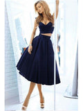Vintage Style A-line Two-piece Off-the-shoulder A-line Dark Navy Homecoming Dress JS871